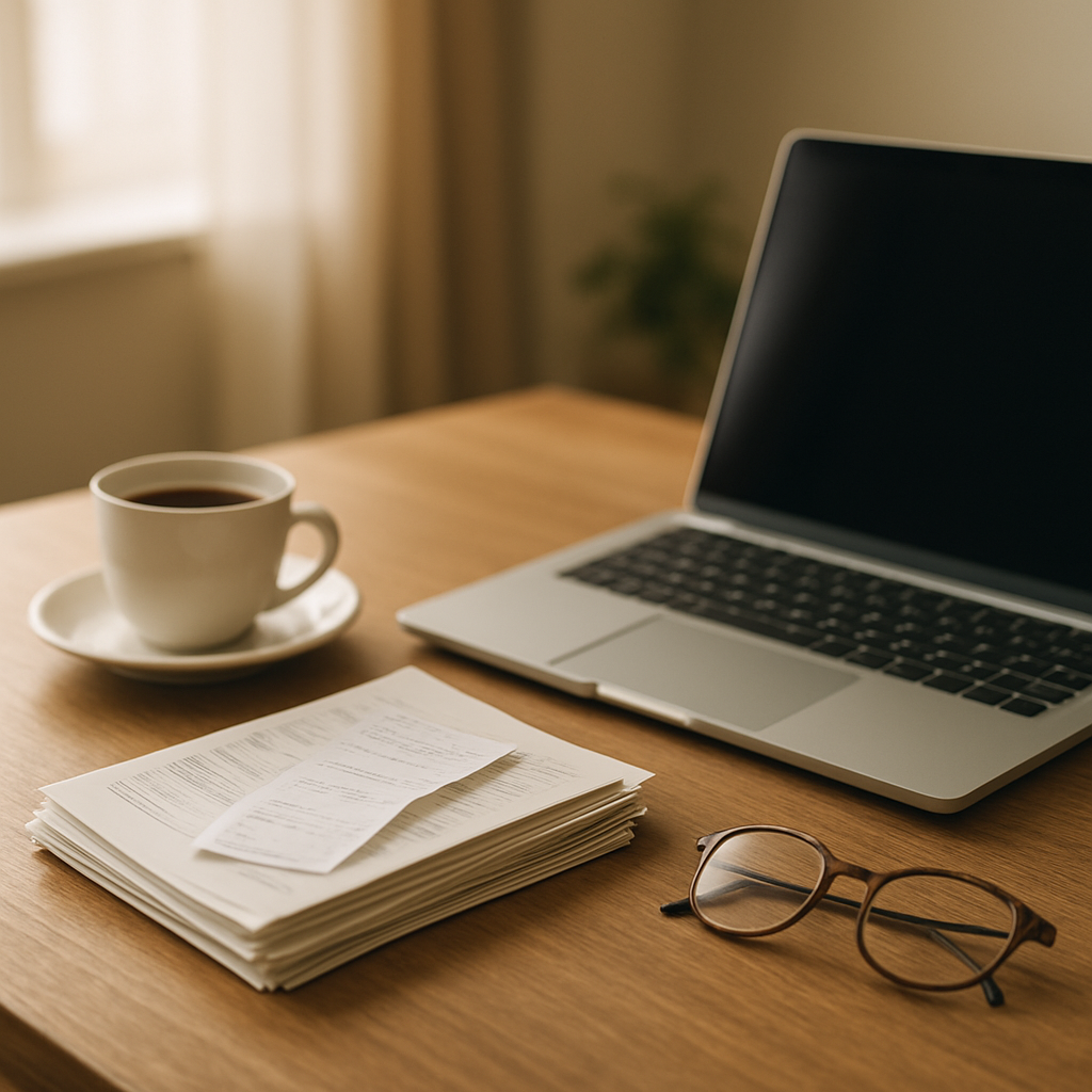 A tidy accountant's desk with a laptop, documents and a cup of coffee in warm daylight